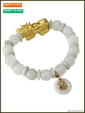 Gold Dragon Jì Fú Charm White Jade Bead Stretch Bracelet Unisex Asian Inspired